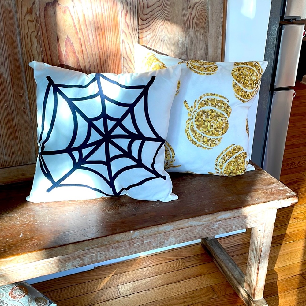 Handmade Fall/Halloween Pillow Covers, Spider 🕷️ Web and Gold Pumpkins 🎃